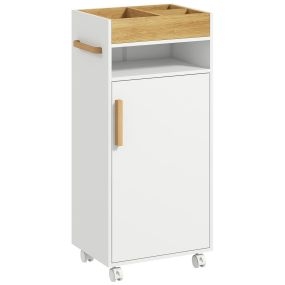 Armario de baño moderno con estantes ajustables, bandeja extraíble y ruedas 40x30x88 cm blanco y roble