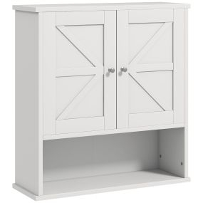 Armario de baño de pared rústico blanco con compartimento, estante ajustable y 2 puertas