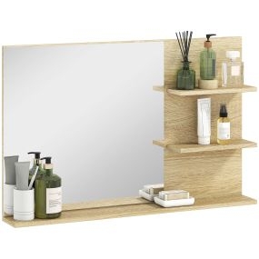 Espejo de Baño con 2 Estantes Laterales y Estante Inferior, Espejo de Pared, Estilo Moderno, para Entrada, Pasillo, 75x10x48 cm, Madera Natural