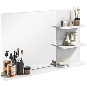 Espejo de Baño con 2 Estantes Laterales y Estante Inferior, Espejo de Pared, Estilo Moderno, para Entrada, Pasillo, 75x10x48 cm, Blanco