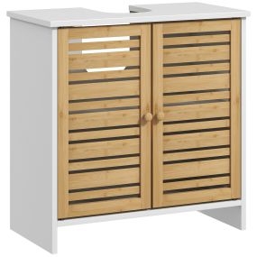 Mueble bajo lavabo moderno de bambú con puertas magnéticas y estante ajustable 60x30x60 cm blanco y natural