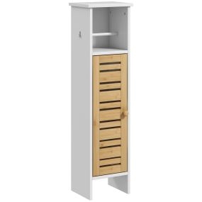 Columna de baño moderna con portarrollos, estantes ajustables y puerta de bambú, 21x17x78 cm, blanco y natural