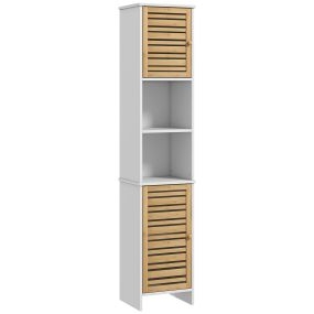 Columna de baño moderna con estantes ajustables y puerta de bambú anti-vuelco 35x30x170 cm blanco y natural