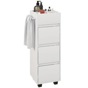 Armario de Baño Estrecho, Mueble Auxiliar de Baño con 3 Cajones, 4 Compartimentos Superiores y Toallero, para Espacios Reducidos, 35x30x90 cm, Blanco