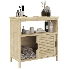Mueble bajo lavabo de bambú natural 60x30x60 cm con puertas correderas y compartimento abierto