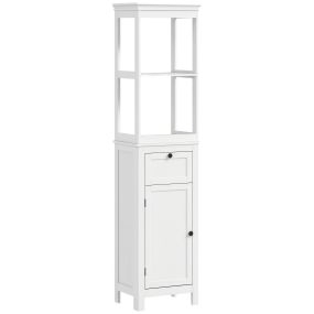 Columna de baño con cajón, puerta, estante ajustable y 2 compartimientos, 40x30x165 cm, blanco