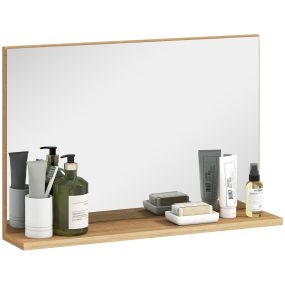 Espejo de Baño con Estante Abierto, Espejo de Pared, Estilo Moderno, para Entrada, Pasillo, 60x12x40 cm, Madera Natural