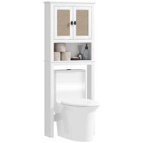 Mueble sobre inodoro estrecho con 2 puertas, frontal de ratán, estante ajustable, 60x19,5x160 cm blanco