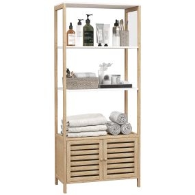 Estantería de baño de bambú con 3 estantes y puertas de lamas 63x30x138 cm natural y blanco
