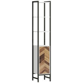Armario alto de baño con 3 estantes abiertos, 1 puerta, estante ajustable y sistema antivuelco 30x30x170 cm blanco y nogal