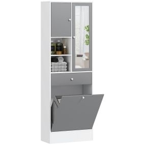 Armario de Baño con Cesto Ropa Sucia Armario Alto de Baño Estrecha con Espejo Cajón Compartimentos Abiertos y Estantes Ajustables 62x28,3x181 cm Blanco y Gris