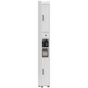 Columna de baño estrecha con 2 puertas, cajón, compartimento abierto, estantes ajustables y portarrollos, 20x20x185 cm, blanco