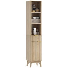 Mueble de Baño Estrecho Columna de Baño con Puerta de Acanalado Cajón 3 Compartimentos Abiertos y Estantes Ajustables 33x30x170 cm Natural