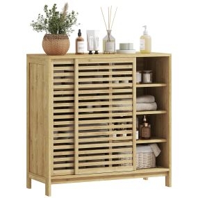 Armario de baño de bambú con 2 puertas correderas, 4 estantes, 80x34x80 cm natural