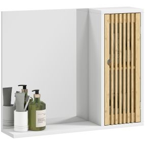 Espejo de baño 60x50 cm con puerta de listones de bambú, estantes, blanco y natural
