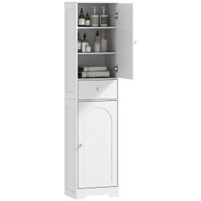 Armario alto de baño estrecho con 2 puertas arqueadas, cajón y estantes ajustables 40x29,5x170 cm blanco veteado