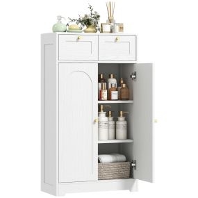 Armario de baño estrecho 60x30x108 cm con 2 cajones, estante abierto y puerta, blanco veteado