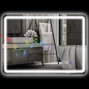 Espejo de Baño con Luz LED 70x50 cm Bluetooth Espejo de Pared con 3 Colores de Luz Reloj Digital Brillo Ajustable Función Antivaho Función de Memoria Interruptor Táctil IP44