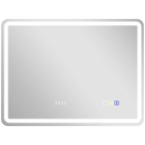 Espejo de Baño con Luz LED 80x60 cm Bluetooth Espejo de Pared con 3 Colores de Luz Reloj Digital Brillo Ajustable Función Antivaho Función de Memoria Interruptor Táctil IP44
