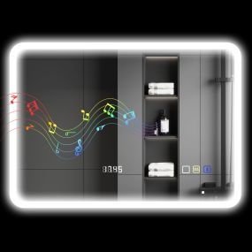 Espejo de Baño con Luz LED Bluetooth 70x50 cm Espejo de Pared con 3 Colores de Luz Reloj Digital Brillo Ajustable Función Antivaho Función de Memoria Interruptor Táctil IP44