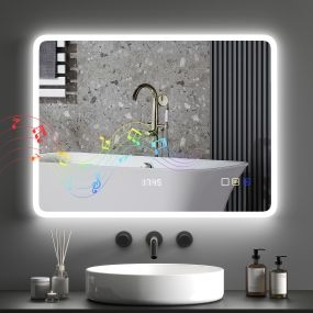 Espejo de baño LED Bluetooth 80x60 cm con 3 colores, brillo ajustable, antivaho e IP44