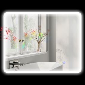 Espejo de baño LED Bluetooth 90x70 cm con 3 colores, brillo ajustable, antivaho e IP44