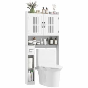 Estantería sobre inodoro con estante ajustable, 2 puertas, soporte papel higiénico, blanco