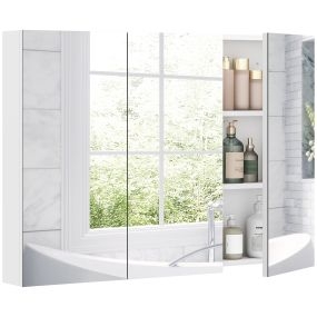 Armario de baño con espejo de pared colgante 3 puertas estantes ajustables 91,5x11,5x65 cm blanco