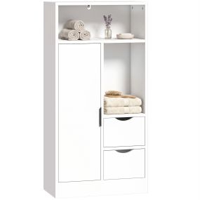 Mueble de baño estrecho con 2 cajones, compartimento abierto y estante ajustable 50x25x100 cm blanco