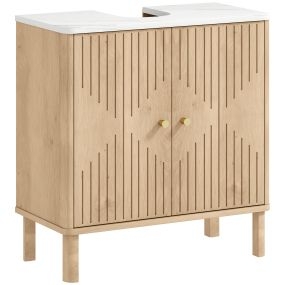 Mueble Bajo Lavabo, Mueble de Baño con Estante Ajustable, Puertas Ranuradas, Encimera con Efecto Mármol, para Lavabo con o sin Pedestal, 60x30x63 cm, Roble