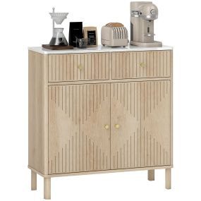 Aparador de 2 Puertas y 2 Cajones, Aparador de Salón, Armario de Cocina Moderno con Estante Ajustable, Encimera Efecto Mármol, para Entrada, Dormitorio, 77x30x80 cm, Roble