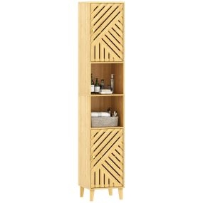 Armario alto de baño estrecho de bambú natural con puertas, patas, estantes ajustables y compartimento abierto 32x30x170 cm