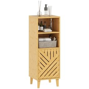 Armario de baño estrecho 32x30x90 cm con 2 estantes, puerta y patas de bambú natural