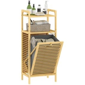 Mueble de baño de bambú con cesto de ropa sucia 37 L, 2 estantes, 40x30x95 cm natural y gris
