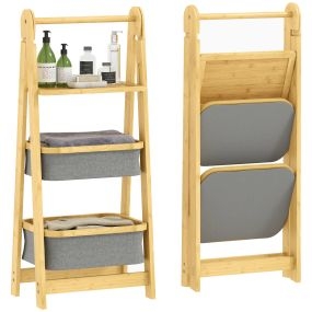 Estantería de baño plegable de bambú con 2 cestos para ropa sucia, gris