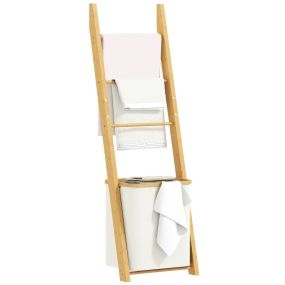 Estantería de baño de bambú 2 en 1 con toallero de pie, 3 barras y cesto extraíble de 48 L, crema
