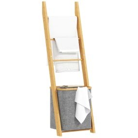 Estantería de baño de bambú 2 en 1 con toallero de pie, 3 barras y cesto extraíble de 48 L gris