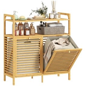 Mueble de Baño con Cesto Ropa Sucia, Mueble Ropa Sucia de Bambú, 2 Bolsas 2x41 L Extraíbles y Lavables con Asa, 2 Estantes Abiertos, para Lavadero, 82x33x88 cm Natural y Crema