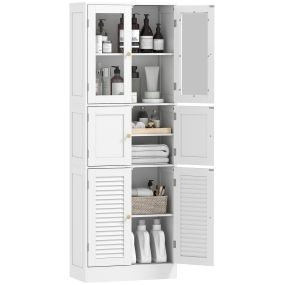 Armario alto de baño estrecho con puertas de vidrio y lamas, estantes ajustables, 60x30x170 cm, blanco