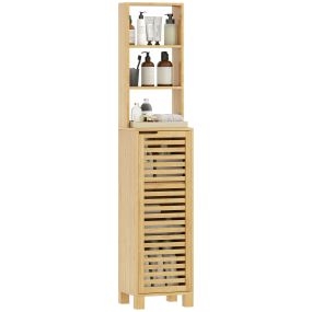 Armario de baño alto de bambú natural 34x30x170 cm con 3 estantes abiertos y puerta de lamas