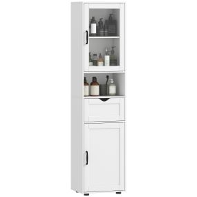 Armario de baño alto blanco 40x30x165 cm con puerta de vidrio, cajón y estantes ajustables