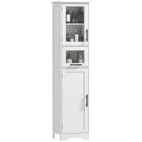 Armario de baño alto blanco con puerta de vidrio, estantes ajustables y cajón 40x31x170 cm