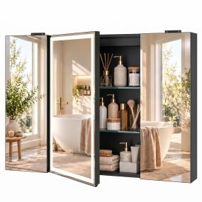 Armario de Baño con Espejo de LED, Toma de Corriente, Armario de Pared, 3 Puertas, Antivaho, Estantes Ajustables de Vidrio Templado, Marco de Aluminio, Cierre Suave, 100x13x70 cm, Negro