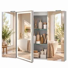 Armario de Baño con Espejo de LED, Toma de Corriente, Armario de Pared, 3 Puertas, Antivaho, Estantes Ajustables de Vidrio Templado, Marco de Aluminio, Cierre Suave, 100x13x70 cm, Blanco