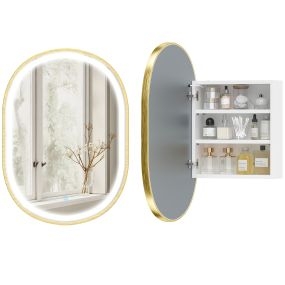 Armario de baño ovalado con espejo LED 3 colores, memoria, antivaho, brillo ajustable, dorado