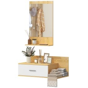 Conjunto de recibidor de pared con espejo, cajón y 2 estantes abiertos, madera natural