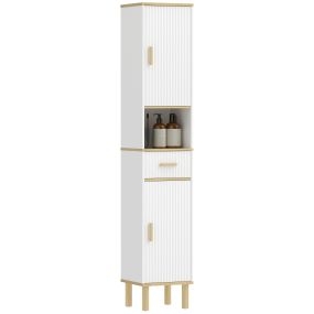Armario de baño alto estrecho con estantes ajustables, cajón y patas de madera, blanco, 31,5x29,7x171,5 cm