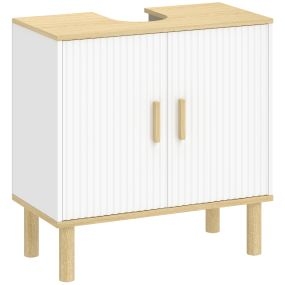 Mueble bajo lavabo blanco con estante ajustable, puertas acanaladas y patas de madera, 60x30x61 cm