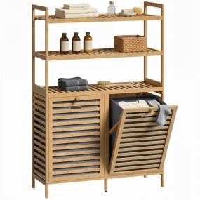 Mueble Ropa Sucia de Bambú, 2 en 1, Mueble de Baño con 2 Cestos para Ropa Sucia Inclinables 38,7 L y 3 Estantes, para Cocina, Salón, 80x30x118 cm, Roble