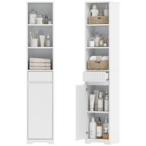 Armario de Baño Alto, Mueble Auxiliar de Baño Estrecho con Cajón, Diseño Acanalado, Estante Ajustable, Estantes Abiertos, para Espacios Pequeños, 33x30x172 cm, Blanco